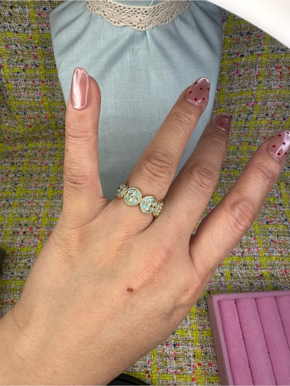 AA great Gold and Light Blue Floral Pavé Band Ring open size 5-13